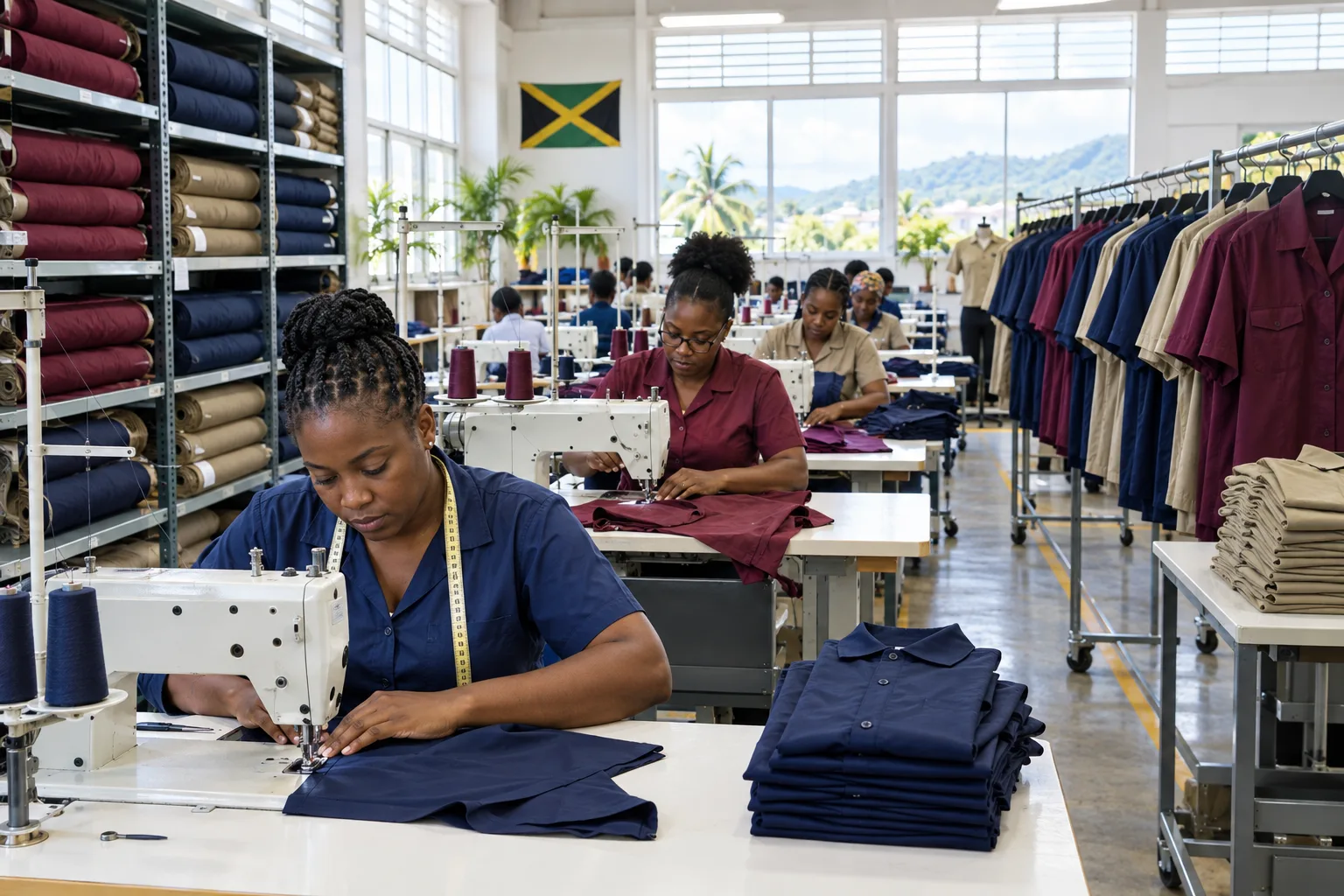 Garment production floor with sewing machines and rolls of fabric