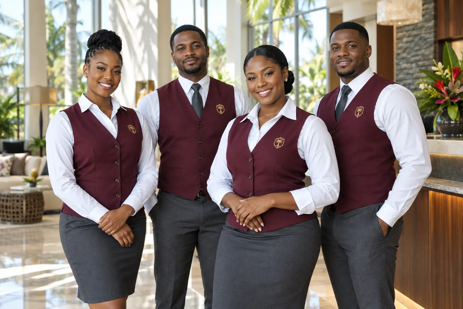 Hotel front-desk team wearing burgundy vests and white shirts supplied by J&J United