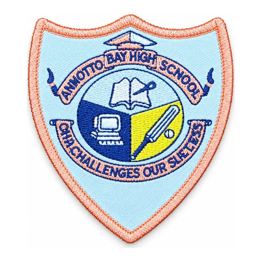 Light blue and yellow, peach border embroidered crest made by J&J United