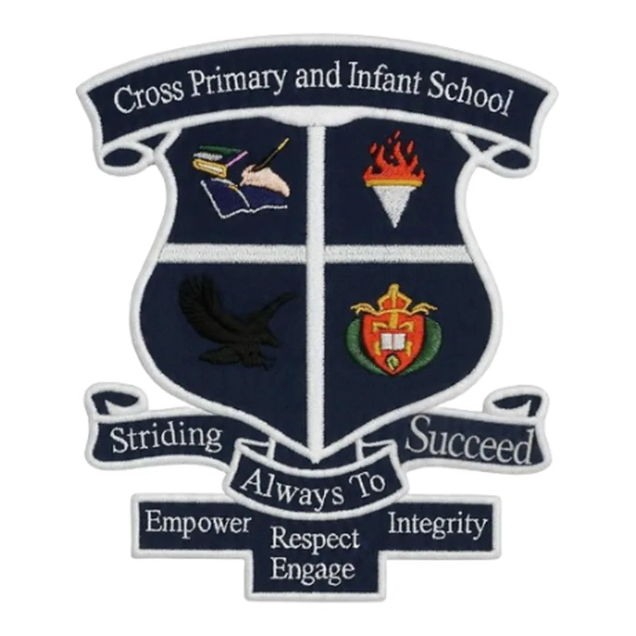 Navy and white embroidered crest made by J&J United