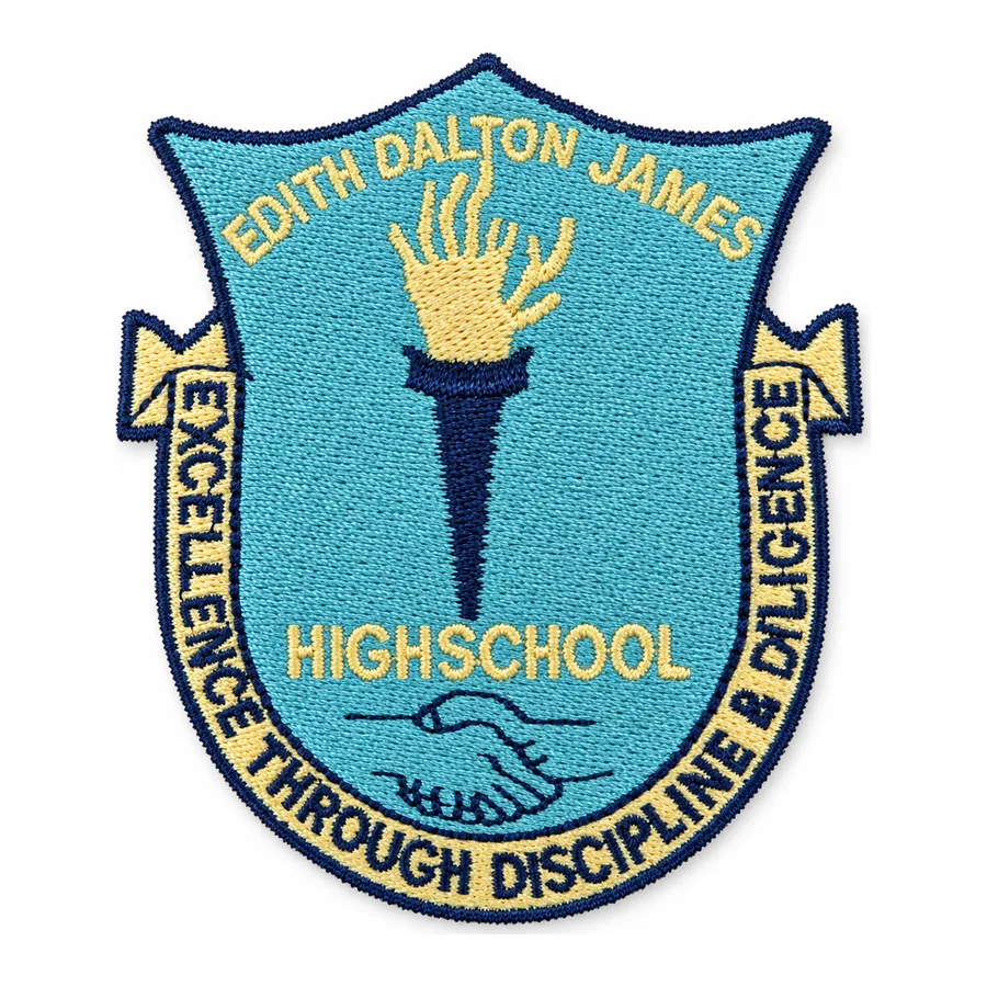 Blue and gold embroidered crest made by J&J United