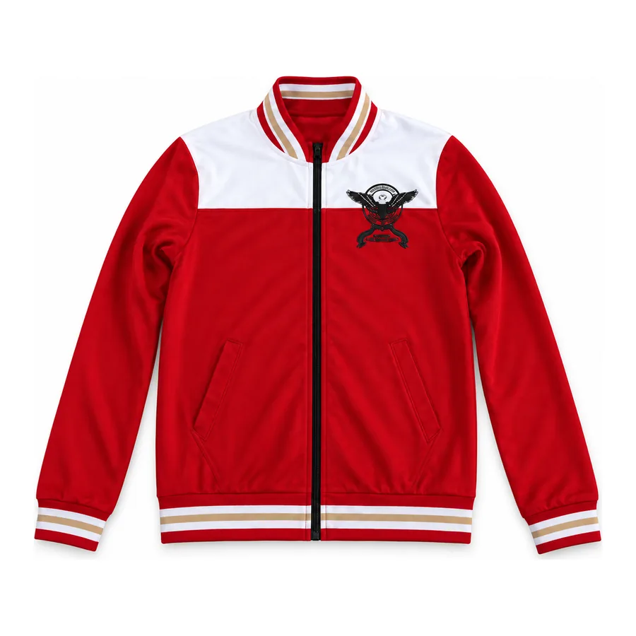 Red with white trim jacket made by J&J United
