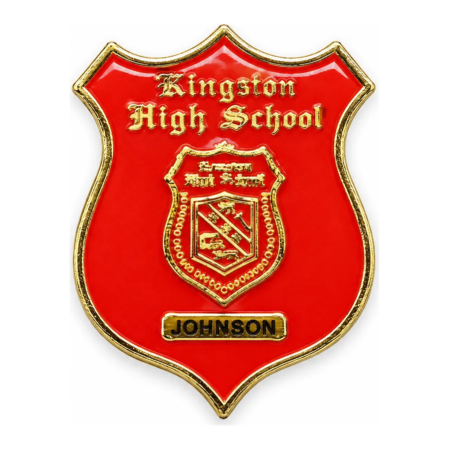 Red pin badge made by J&J United