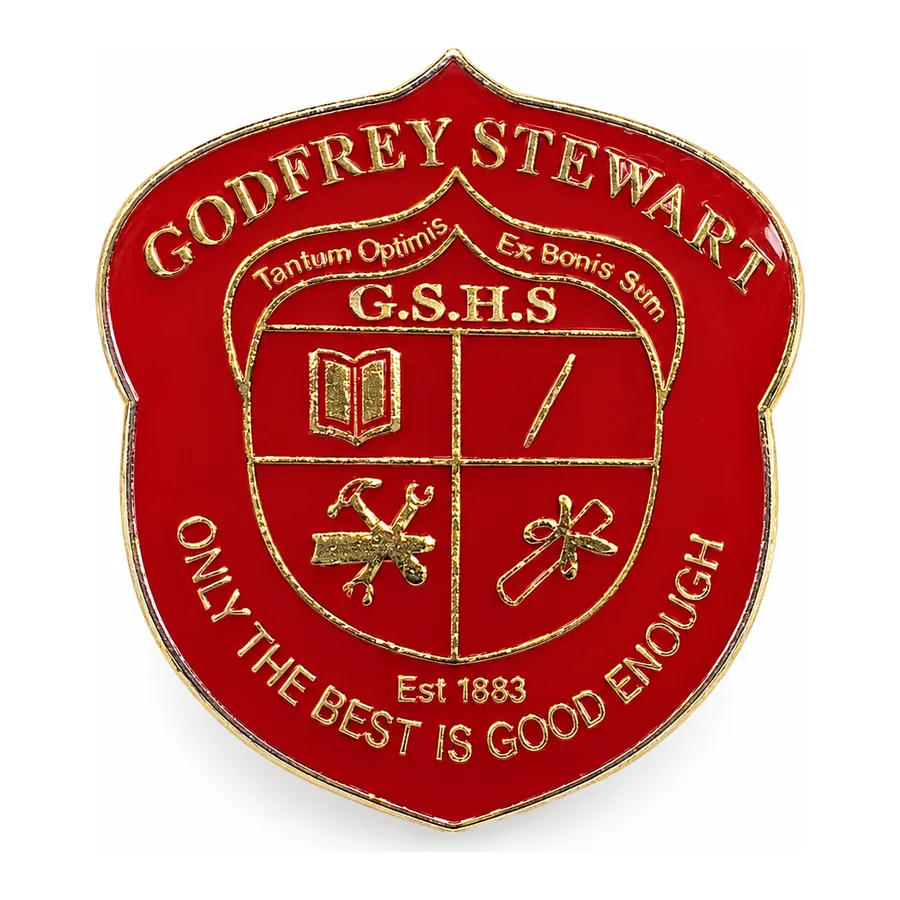 Red and gold pin badge made by J&J United