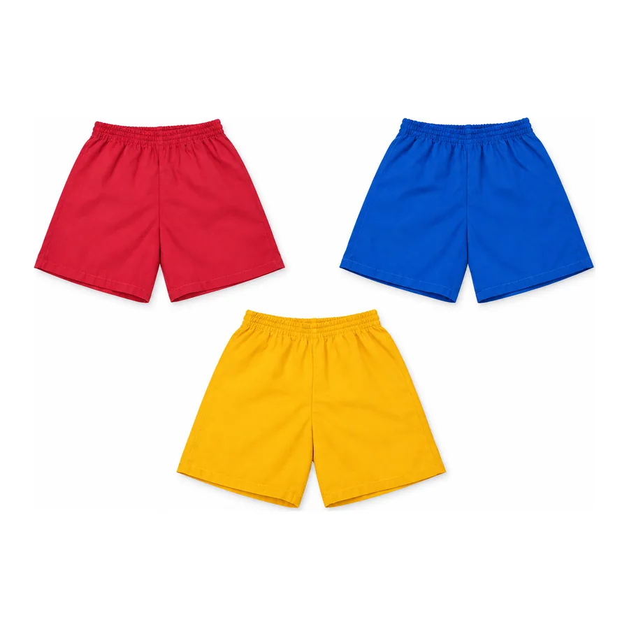 Red, blue, yellow PE shorts made by J&J United