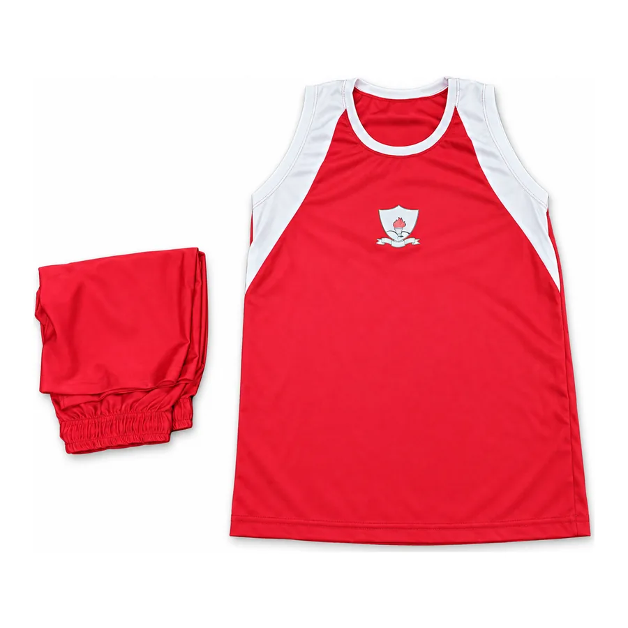 Red with white trim PE t-shirt made by J&J United