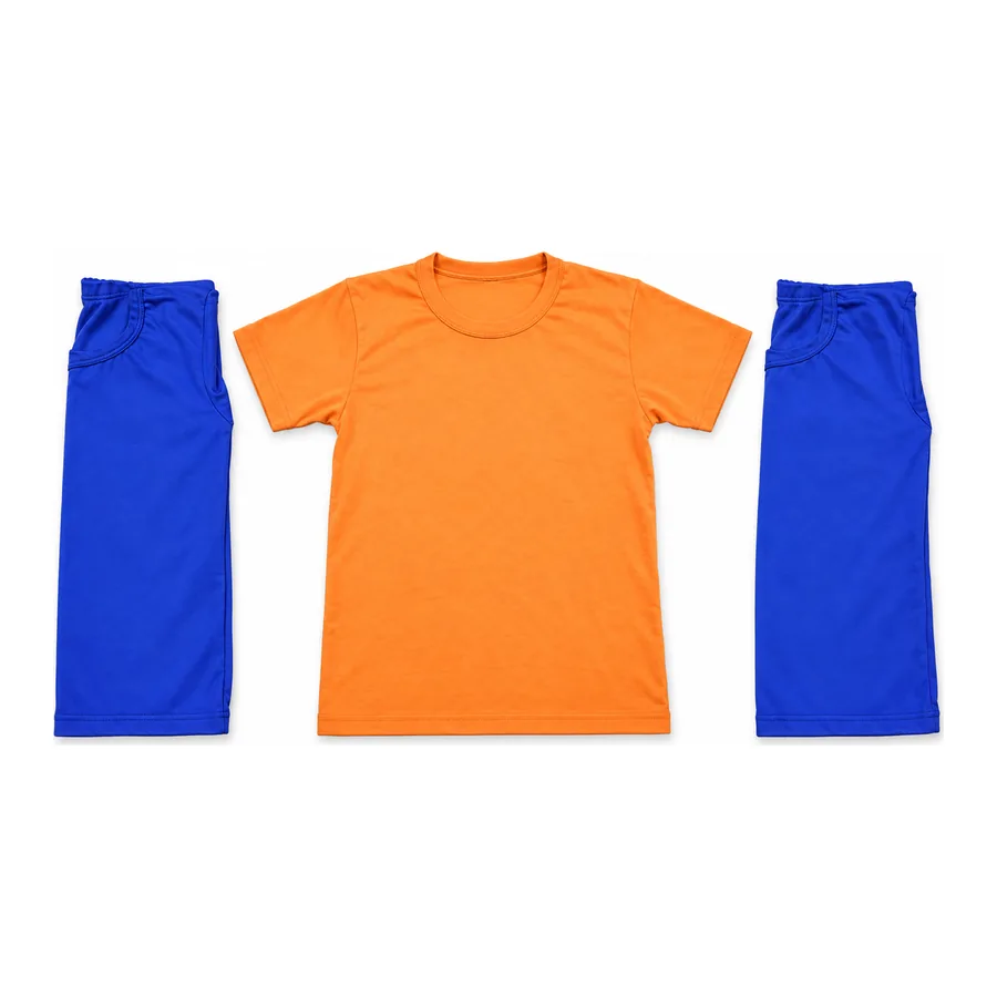 Orange with blue shorts PE t-shirt made by J&J United