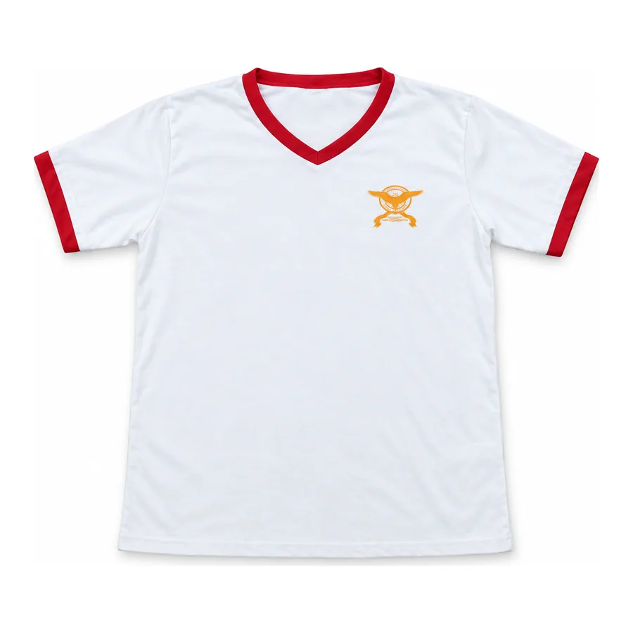 White with red trim PE t-shirt made by J&J United