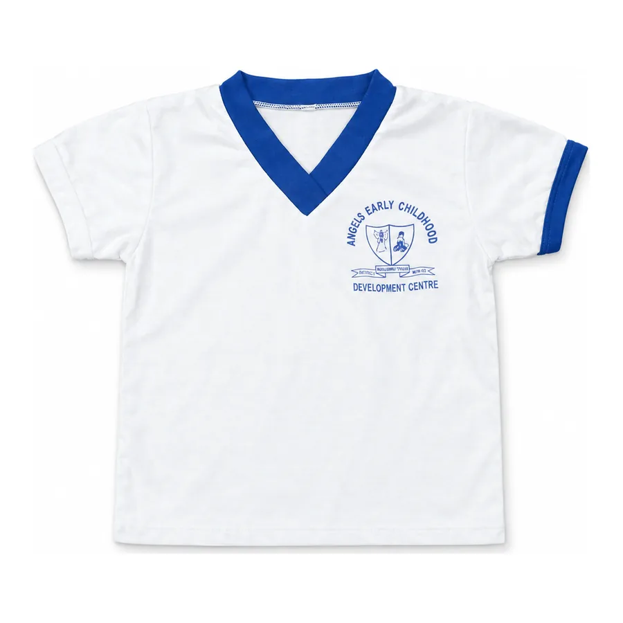 White with blue and yellow trim PE t-shirt made by J&J United