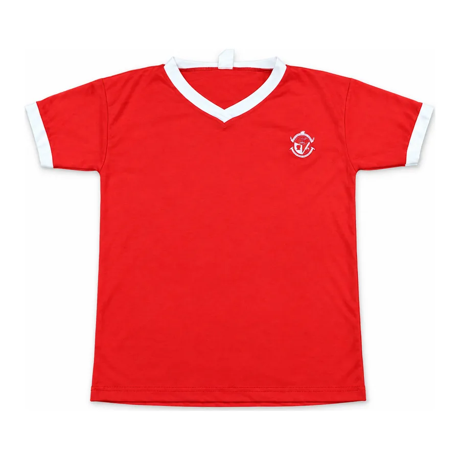Red with white trim PE t-shirt made by J&J United